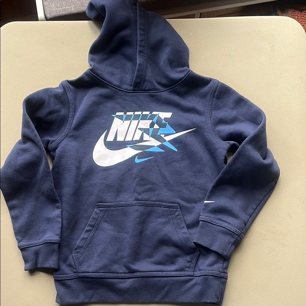 Nike Kids Navy Blue Hoodie with White & Light Blue Logo